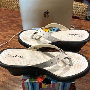White Skechers Kitty wedge sandals